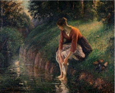 Young Woman Bathing Her Feet in a Brook - Camille Pissarro Paintings